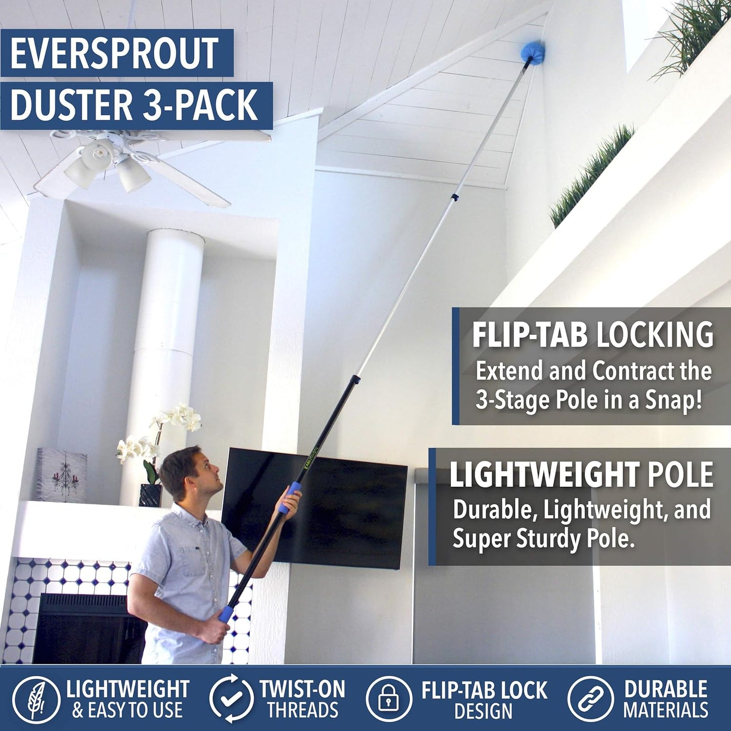5-To-12 Foot Duster 3-Pack with Extension Pole (20+ Foot Reach) – Cobweb, Microfiber Feather & Flexible Ceiling Fan Dusters