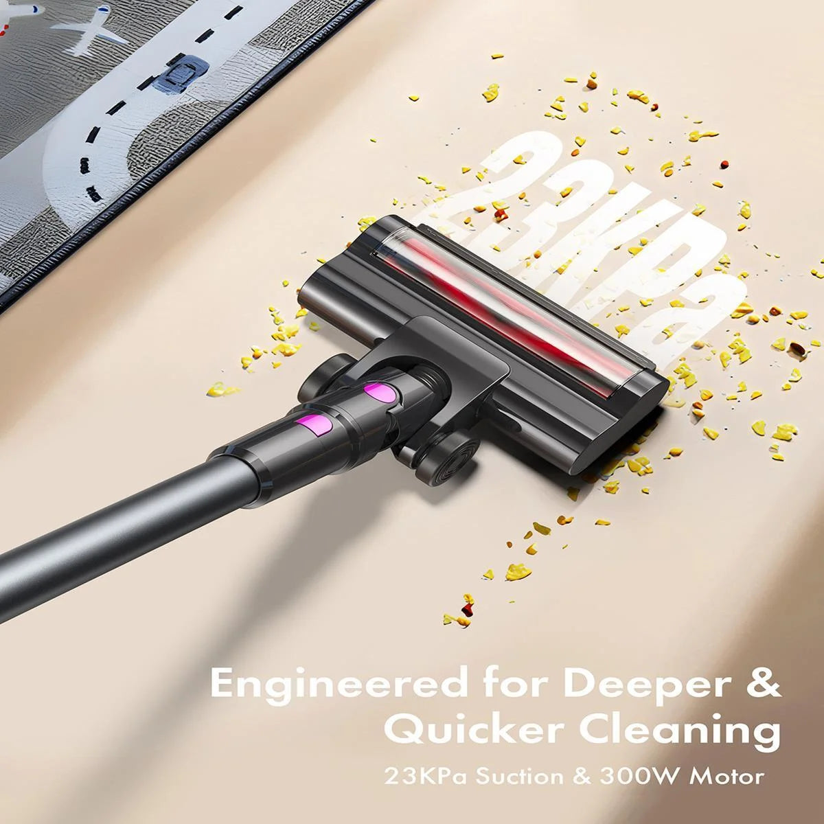 Powerful Cordless Vacuum Cleaner - 300W, 23Kpa Suction, LED Display, 48Mins Runtime, Lightweight Stick with Sofa Brush for Hard Floors, Carpets & Pet Hair - Black