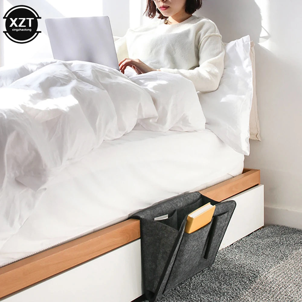 Felt Bedside Storage Organizer - Phone, Book & Magazine Holder with Hanging Pockets for Bed & Sofa