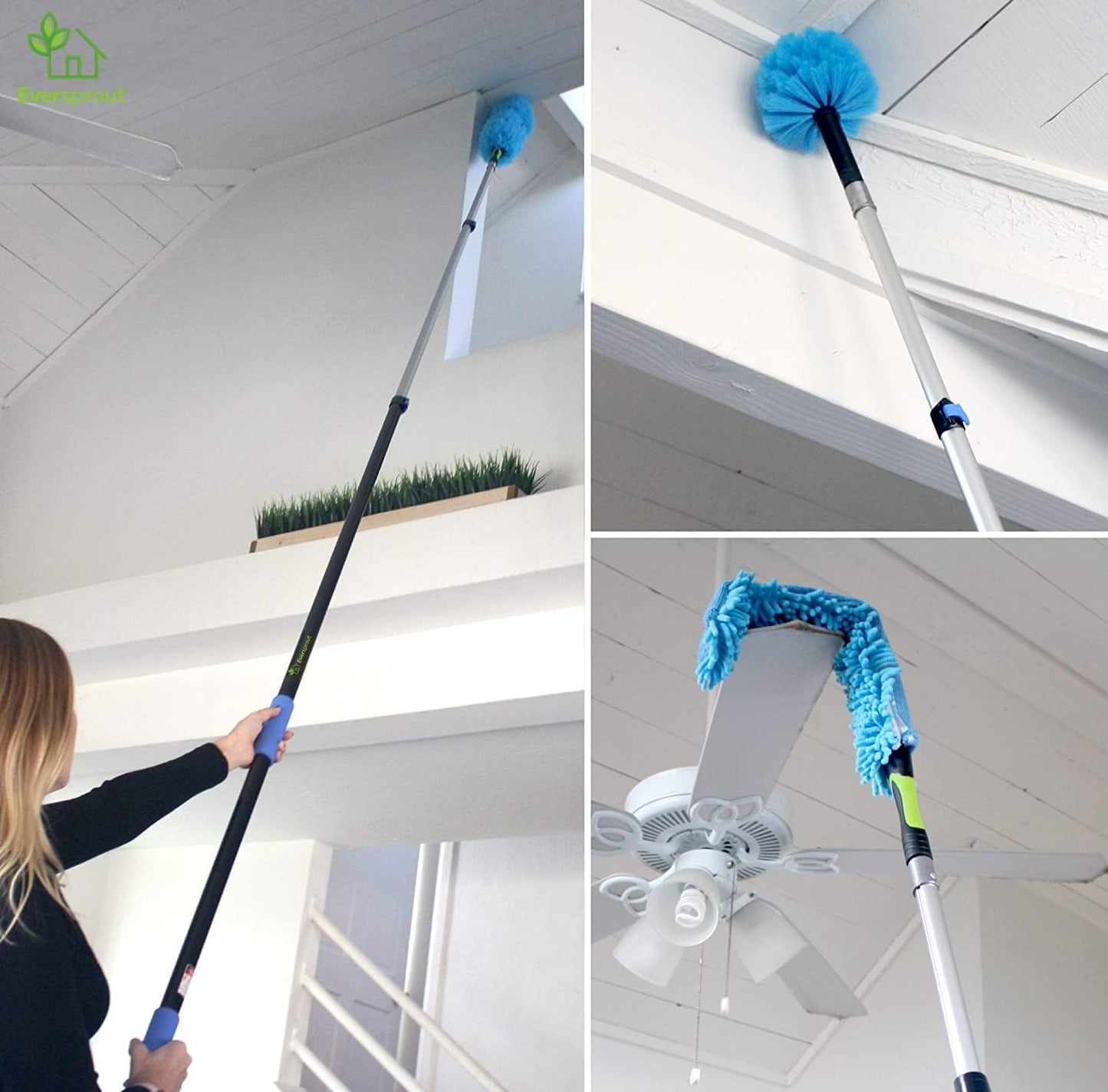5-To-12 Foot Duster 3-Pack with Extension Pole (20+ Foot Reach) – Cobweb, Microfiber Feather & Flexible Ceiling Fan Dusters
