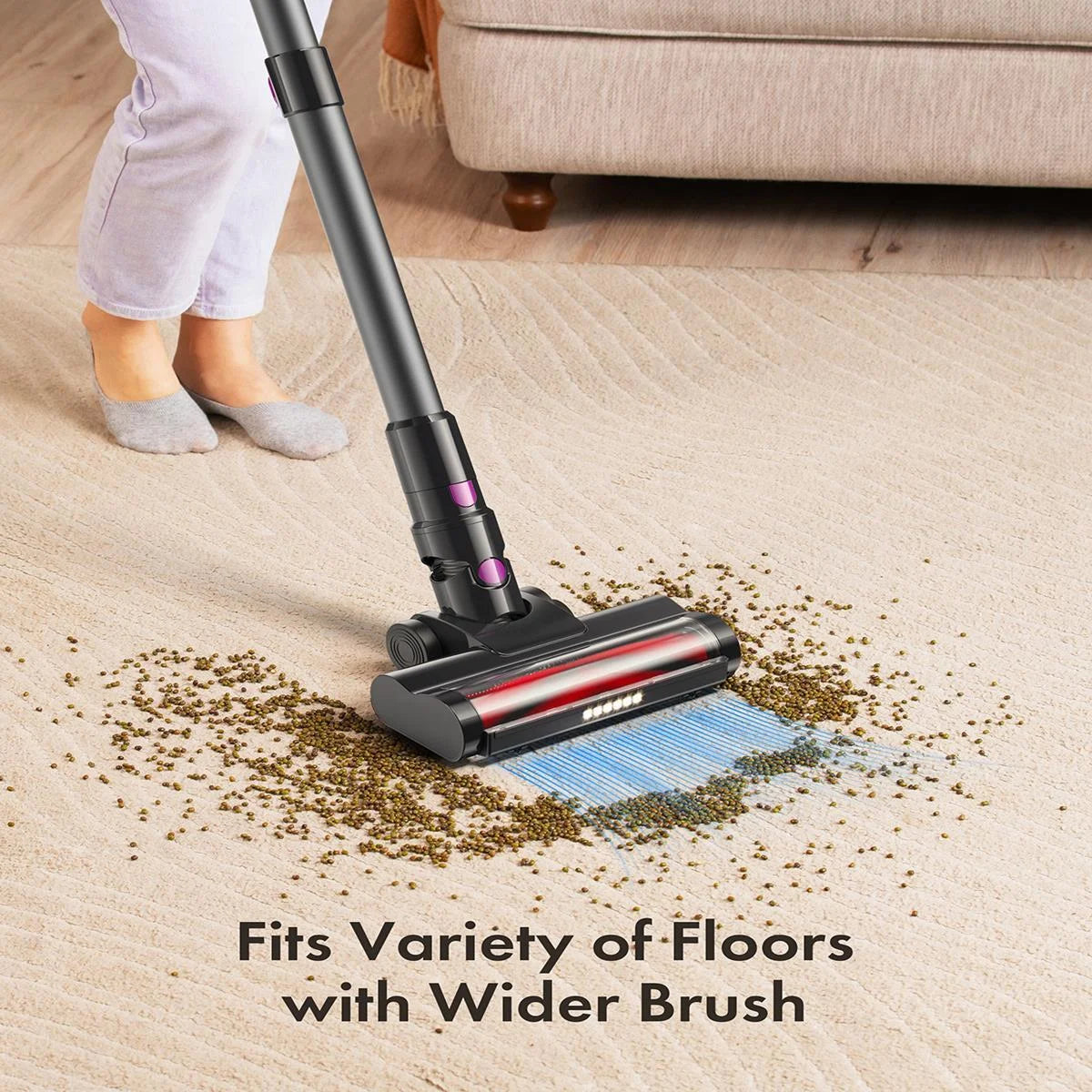 Powerful Cordless Vacuum Cleaner - 300W, 23Kpa Suction, LED Display, 48Mins Runtime, Lightweight Stick with Sofa Brush for Hard Floors, Carpets & Pet Hair - Black