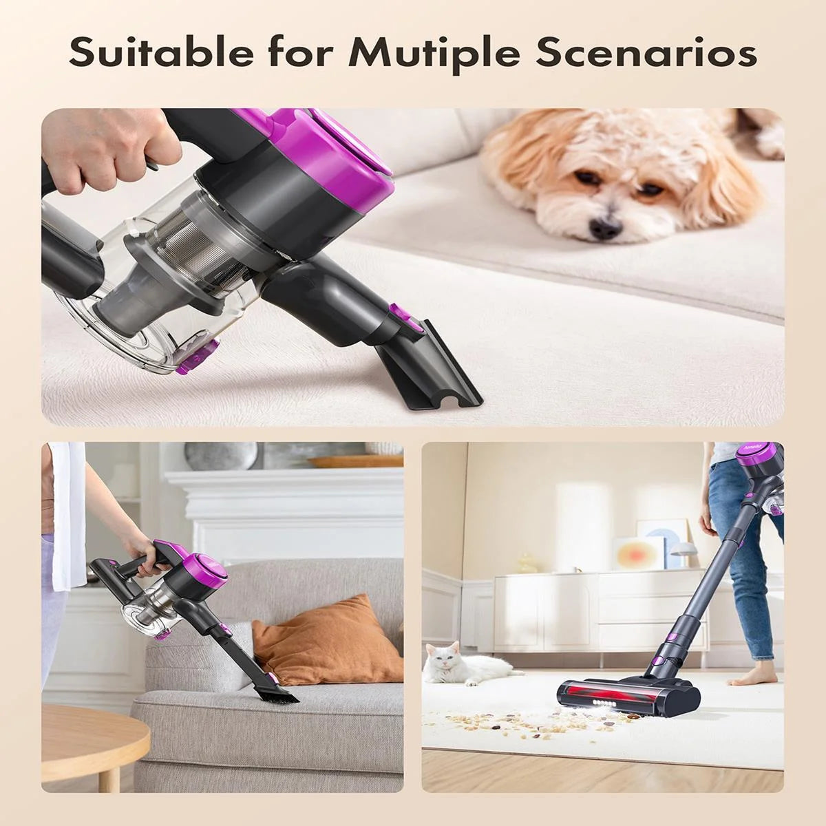 Powerful Cordless Vacuum Cleaner - 300W, 23Kpa Suction, LED Display, 48Mins Runtime, Lightweight Stick with Sofa Brush for Hard Floors, Carpets & Pet Hair - Black