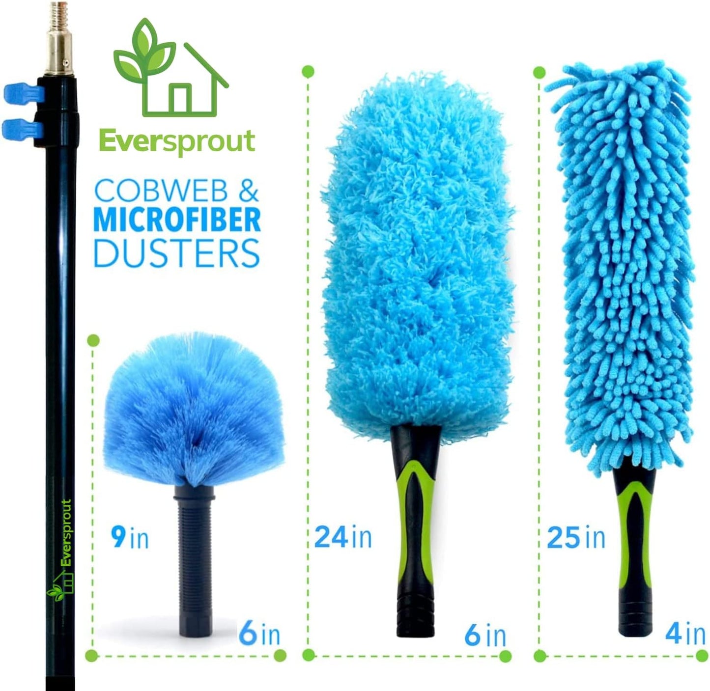 5-To-12 Foot Duster 3-Pack with Extension Pole (20+ Foot Reach) – Cobweb, Microfiber Feather & Flexible Ceiling Fan Dusters