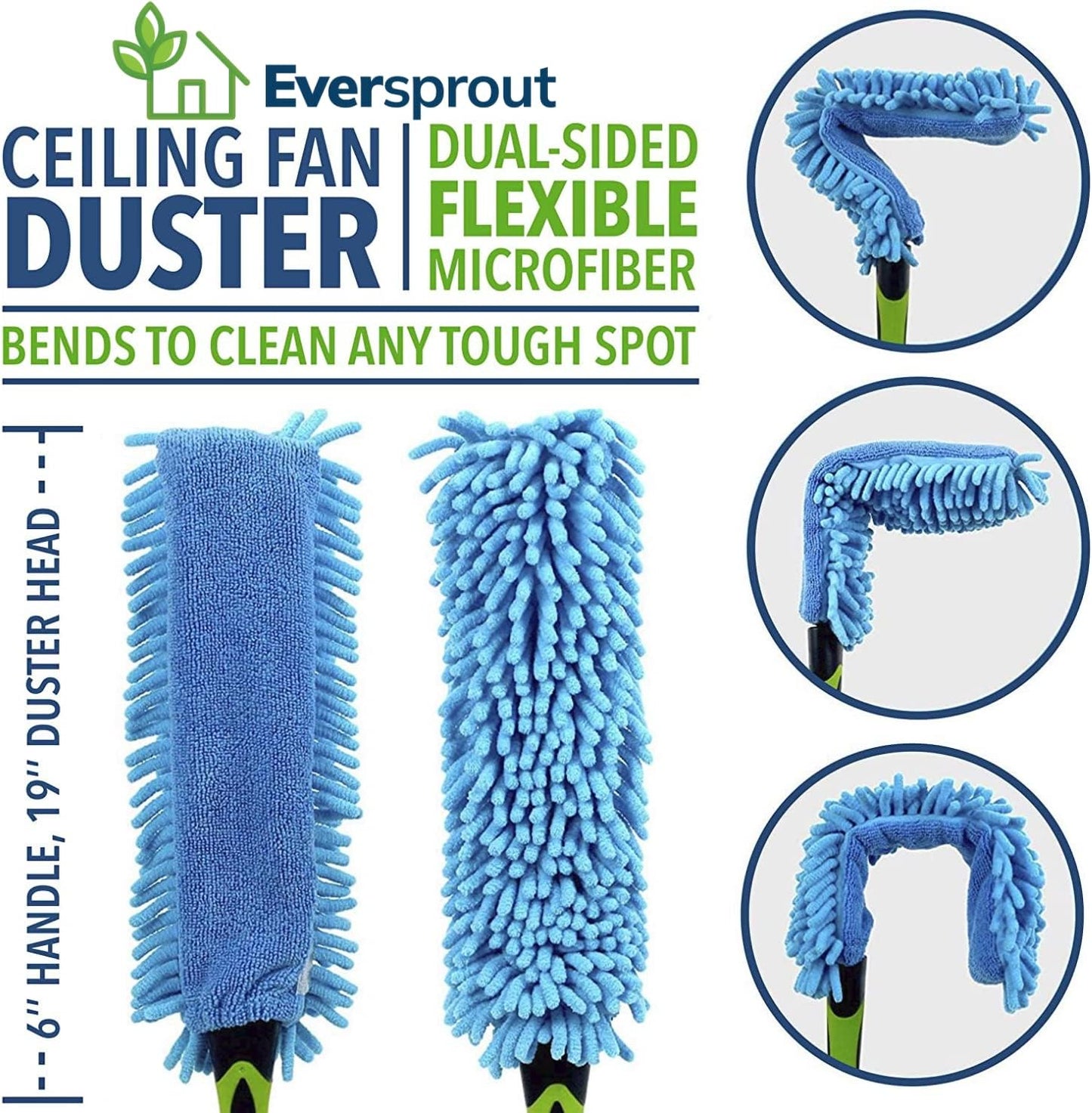 5-To-12 Foot Duster 3-Pack with Extension Pole (20+ Foot Reach) – Cobweb, Microfiber Feather & Flexible Ceiling Fan Dusters