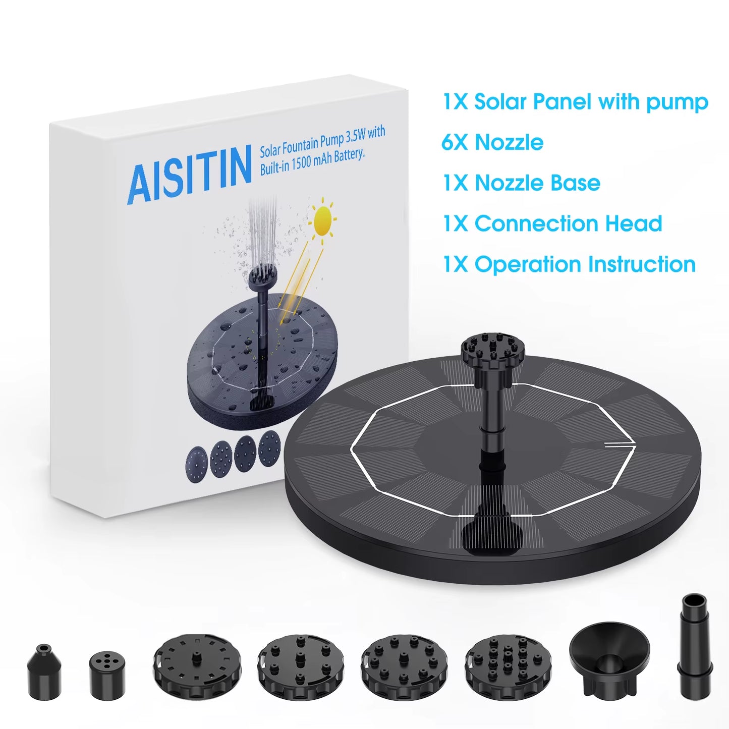 Solar-Powered Fountain Pump β 3.5W Floating Water Pump with Battery Backup & 6 Nozzles for Bird Baths, Ponds & Gardens