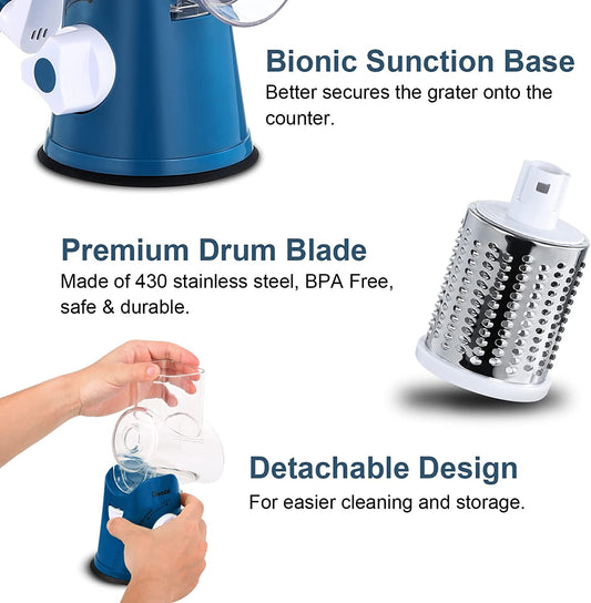 Effortless Rotary Cheese Grater & Mandoline Slicer with 3 Stainless Steel Blades – Ideal for Cheese, Vegetables, and Nuts​