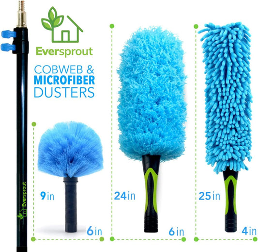 5-To-12 Foot Duster 3-Pack with Extension Pole (20+ Foot Reach) – Cobweb, Microfiber Feather & Flexible Ceiling Fan Dusters