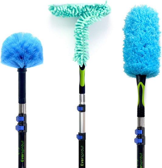 5-To-12 Foot Duster 3-Pack with Extension Pole (20+ Foot Reach) – Cobweb, Microfiber Feather & Flexible Ceiling Fan Dusters
