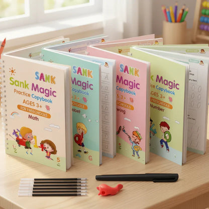 Sank Magic Practice Copybook (4 Books,1 Pen,1 Grip,10 Refill)